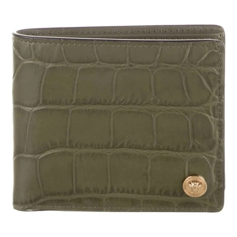 Versace Olive Croc-Embossed Leather Bi-Fold Wallet with Gold Medallion